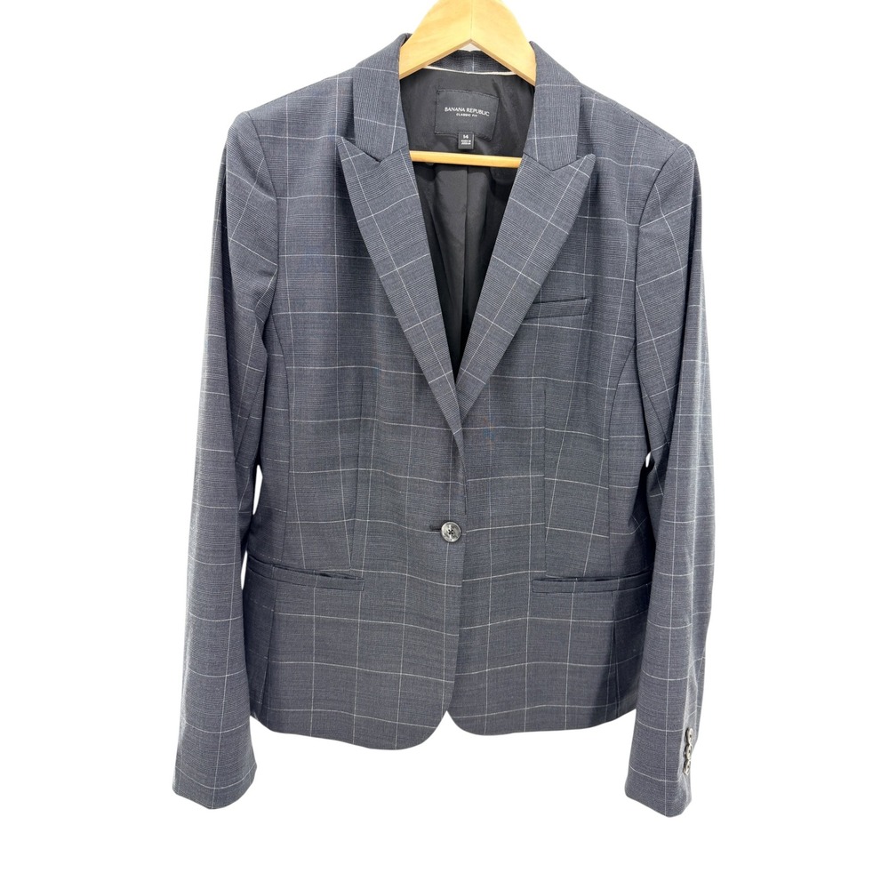 Banana Republic Plaid Blazer 14 Wool Blend Gray Classic Fit Career Suit Jacket